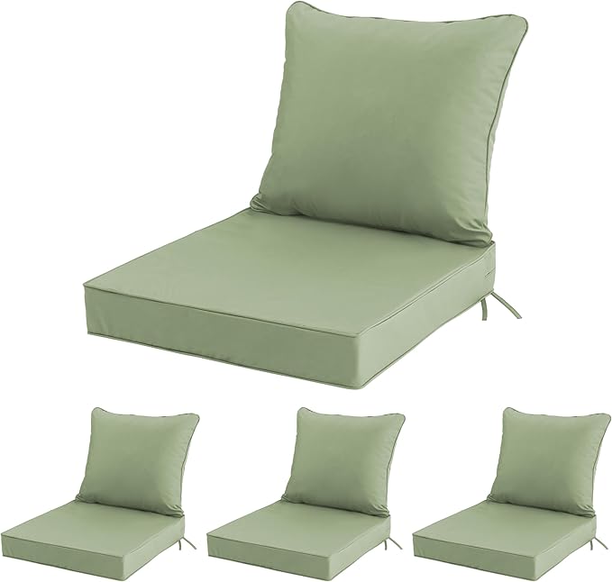24x24 Inch Outdoor Chair Cushions Set of 4, Patio Furniture Cushions - Removable Cover, Water-Repellent, Fade-Resistant, Non-Slip Bottom & Straps, Replacement for Deep Seat Sofa & Couch - Sage Green