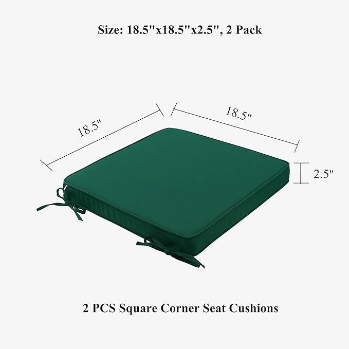 FUNHOME Indoor/Outdoor Chair Cushions Set of 2, 18 x 18 x 2.5 Inch Square Corner Outdoor Cushions for Patio Furniture,2 Packs Patio Chair Cushions with Ties-Dark Green