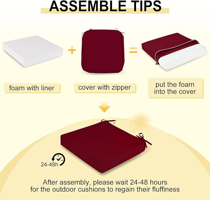 downluxe Waterproof Outdoor Chair Cushions for Patio Furniture, 22" x 22" x 3" Patio Chair Cushion with Adjustable Ties & Portable Handle, Square Outdoor Cushion with Removable Cover, Burgundy, 2 Pack