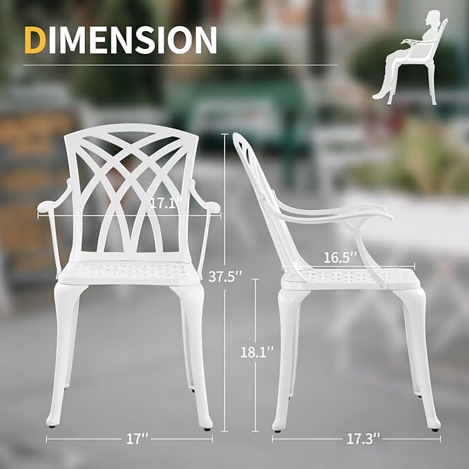 Cast Aluminum Patio Chairs Set of 2, All Weather Outdoor Bistro Chairs with Armrest, White Metal Outdoor Dining Chairs for Garden, White