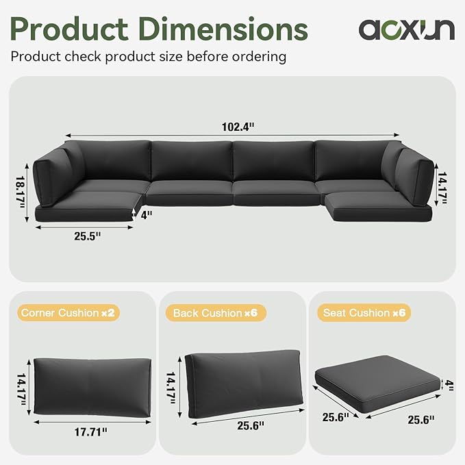 Aoxun Replacement Cushions for Outdoor Furniture, 14-Piece Outdoor Cushions for Patio Furniture, Deep Seat, Splash-Proof & Fade Resistant Couch Cushion for 6-Seat Patio Conversation Sets, Black