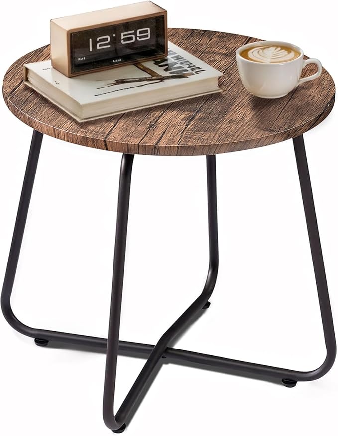 VECELO 17.7 inch Small Round Outdoor Side Table,Patio End Table,Waterproof Wood Table with Weather Resistant Steel Adjustable Feet for Living Room Bedroom Garden Yard Balcony Porch Poolside