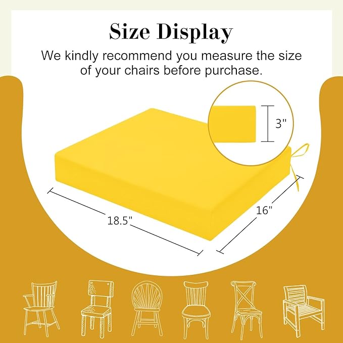 Cozyide Outdoor Chair Cushions, Waterproof Patio Seat Cushions with Adjustable Straps, Square Corner Patio Chair Cushions for Garden, Yellow, 18.5x16x3 Inch (Pack of 4)