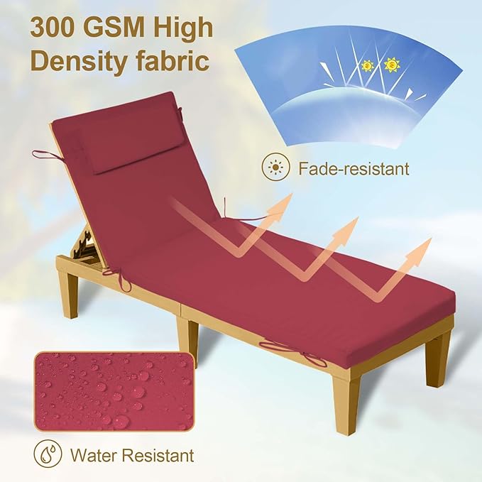 Chaise Lounge Cushions Outdoor Set of 2, 72x21x3 Lounge Chair Cushions for Outdoor Furniture, Patio Lounger Pads with Removable Cover for Pool, Deck, Lawn,Burgundy