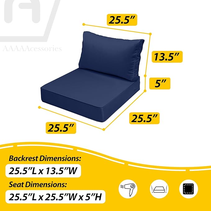 AAAAAcessories Outdoor Deep Seat Cushions, Waterproof, Fade-Resistant Patio Furniture Replacement Cushions, 25.5" x 25.5" x 5" + 25.5" x 13.5", Set of 4, Navy Blue
