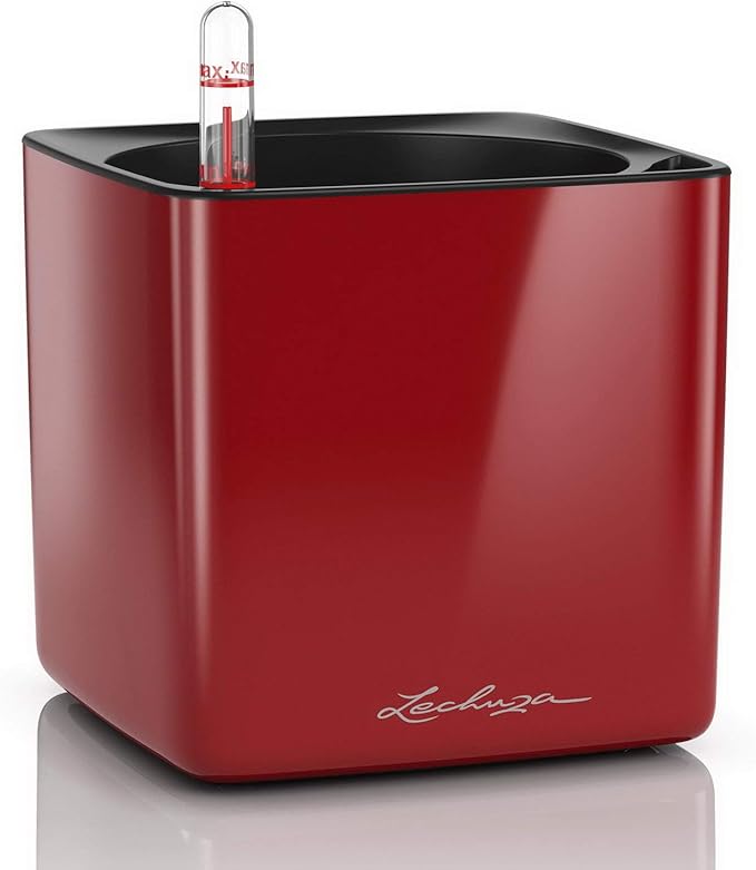 Lechuza Cube Glossy 14 Scarlet Red High Gloss, Self-Watering Indoor Small Plant Pot, H5.5 L5.5 W5.5 in