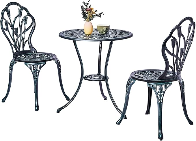 Outvita Patio Table and Chairs Set, Cast Aluminum Outdoor Cafe Table and Chairs Set of 3, Stability Patio Bistro Sets with Umbrella Hole for Garden, Patio, Balcony, Tulip Pattern Verdigris