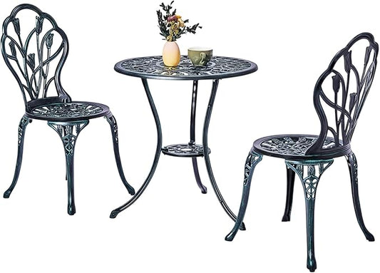 Outvita Patio Table and Chairs Set, Cast Aluminum Outdoor Cafe Table and Chairs Set of 3, Stability Patio Bistro Sets with Umbrella Hole for Garden, Patio, Balcony, Tulip Pattern Verdigris