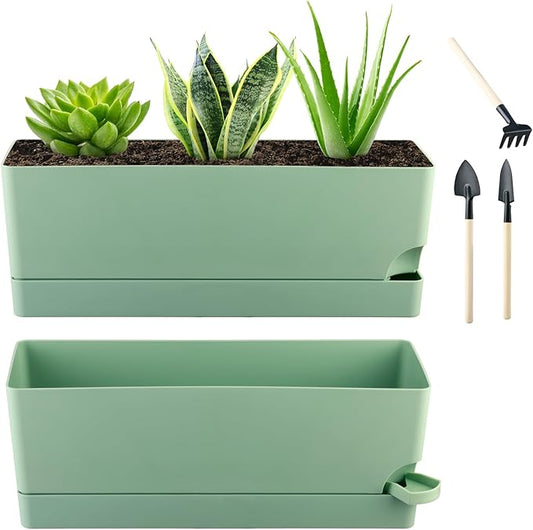 2 Pack Self Watering Pots for Indoor Plants 17 Inches Window Boxes Planters Rectangular Flower Pots Rectangle Herb Pots Large Plant Pots with Drainage Holes and Saucers Windowsill Planter, Green