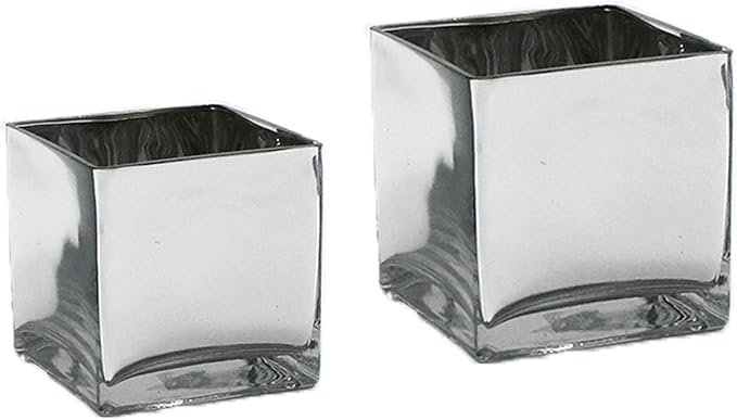 WGV Cube Glass Vase Bulk, Candle Holder, 6"x6"x6", Silver Elegant Floral Accent Container Planter Terrarium Storage for Wedding Party Ceremony Event Office Home Decor, 6 Pieces