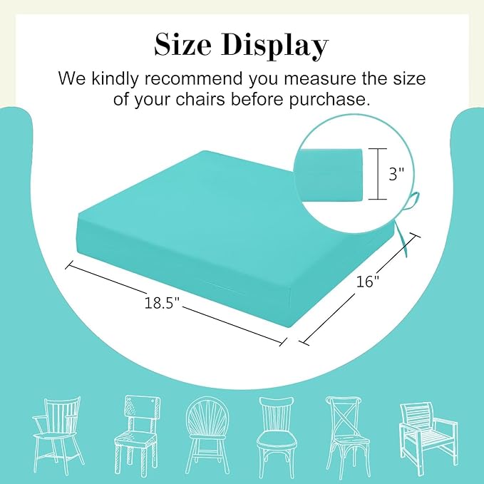 Cozyide Outdoor Chair Cushions, Waterproof Patio Seat Cushions with Adjustable Straps, Square Corner Patio Chair Cushions for Garden, Teal, 18.5x16x3 Inch (Pack of 4)