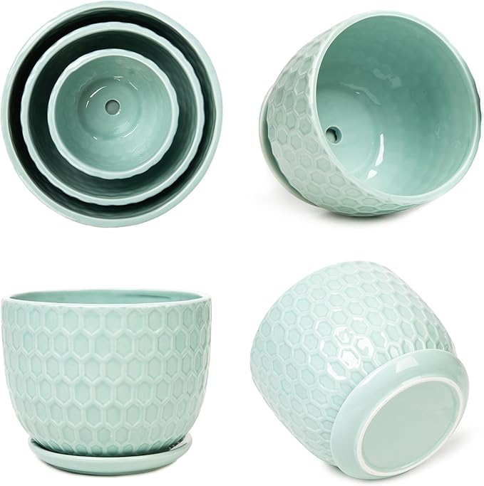 Ceramic Flower Pots with Drainage Hole and Saucer, Modern Round Succulent Planters with Honeycomb Inspired Texture Design, Small to Medium Sized, Set of 3, Green