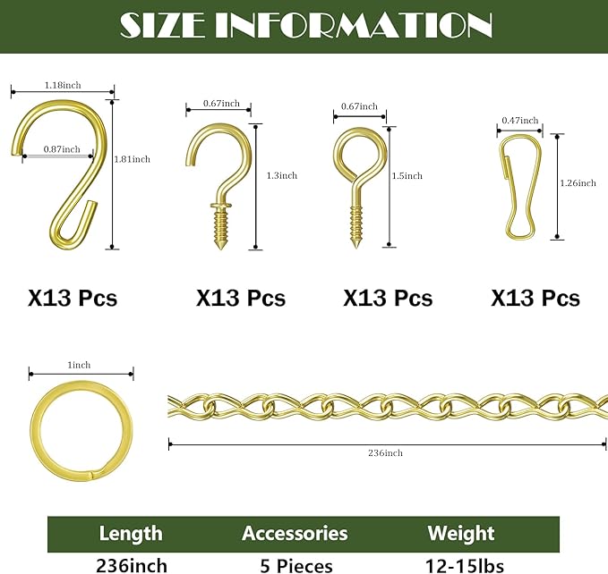 236 Inch Metal Gold Hanging Basket Chain,Decorative DIY Hanging Chain for Planter, Photo,Bird Feeder,Wind Chimes，Planters Baskets