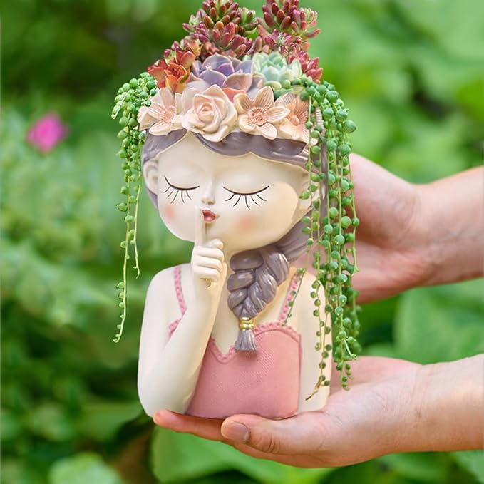 Adorable Fairy Girl face Succulent Pot with Drainage Hole, Resin Head Planter Pot for Indoor Plants, Decorative Flower vase,Gifts Idea for Lady (Medium-Tranquility)