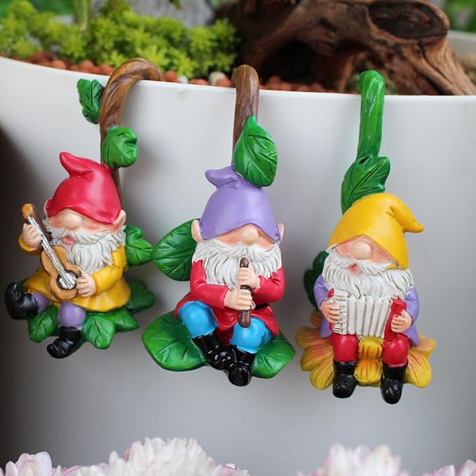 Set of 3 Cute Climbing Gnome Figurines Flower Pot Hugger, Resin Hanging Gnomes Statue Outdoor Decor Fence Ornaments for Patio Lawn Garden Yard (Music Gnome)
