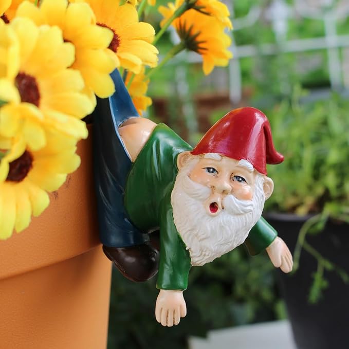 Gnome Figure Plant Pot Hanger, Turtle Flower Pot Hugger, Resin Gnome Statue, Funny Pot Huggers for Planters, Cute Climbing Tortoise Flower Pot Hugger, Garden Fence Balcony Patio Yard (GNOME)