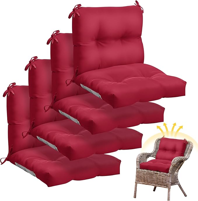 Geetery Set of 4 High Back Wicker Patio Chair Cushions for Outdoor Furniture 41.74x20.87x3.94 Inch Waterproof Thick Replacement Seat Pads with Non Slip Ties for Porch, Deck, Lawn & Garden(Dark Red)