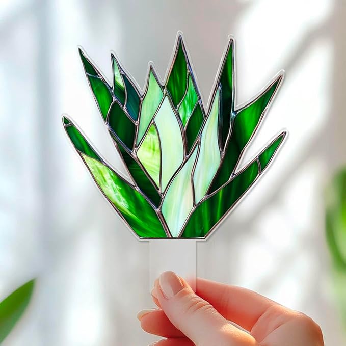 JOONOR 2 Pieces Stained Acrylic Succulent Plant Agave Planter Pot Hugger Statue Stained Sun Catcher Cute Acrylic Agave Figurines Plant Decorations for Flower Pots, Style B
