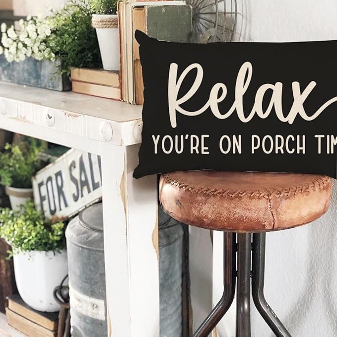 PANDICORN Decorative Throw Pillow Covers 12x20 Inch Relax Porch Time Black Outdoor Rustic Farmhouse Lumbar Decorative Throw Pillows Cases Cushion Covers Decorations for Front Porch Couch Sofa Decor