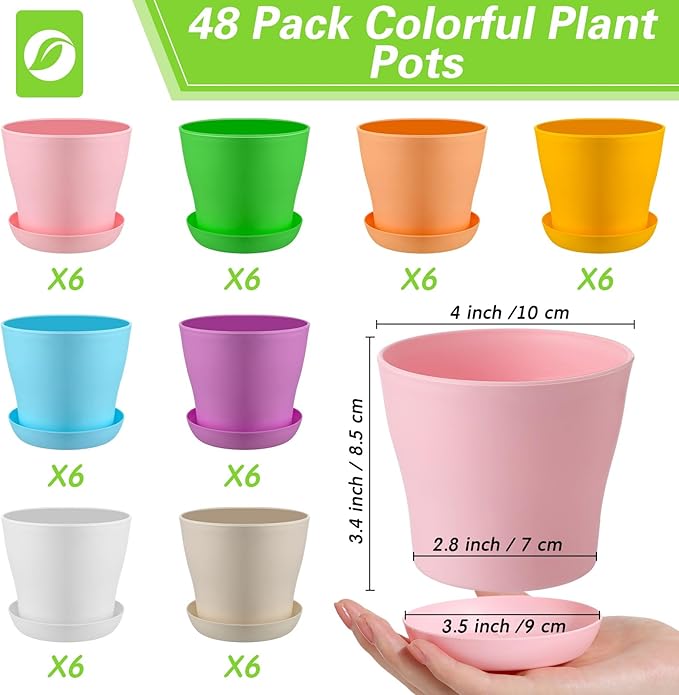 Yaomiao 48 Pcs 4 Inch Colorful Plastic Plant Pots with Tray Flower Plant Pots Seedling Nursery Pots with Drainage Holes for Home Garden Flowers Outdoor Indoor Succulents Plants
