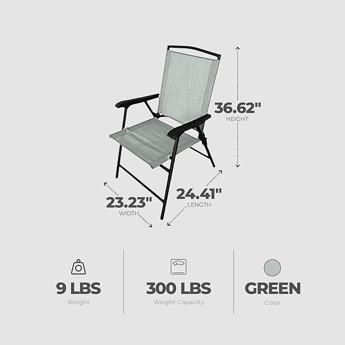 Four Seasons Courtyard Sunny Isles Outdoor Patio Steel Frame Sling Fabric Foldable Dining Chair, Holds Up To 300 Pounds, Green (4 Pack)