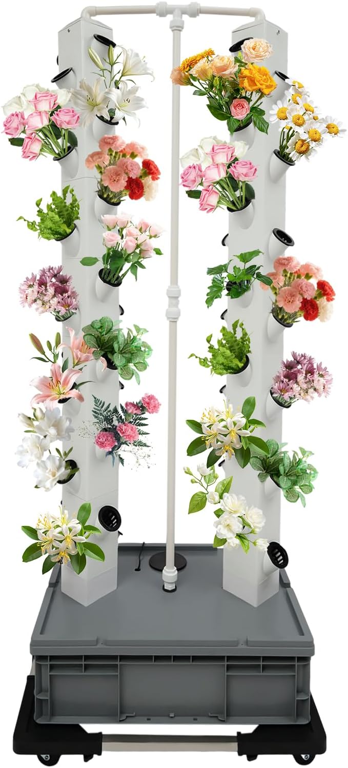 Hydroponic Growing System, 56-Plant Hydroponic Tower Outdoor Indoor Garden Vertical Planter Germination Kit with Water Pump, Intelligent Water Circulation & Timer Function for Gardening Lover (Black)