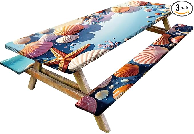 Coastal Picnic Table Cover with Bench Covers Set of 3 - Ocean Theme with Starfish & Shells Print, Elastic Fitted Tablecloth for 6 Ft Tables, Washable Polyester Cover for Patio, Indoor & Outdoor