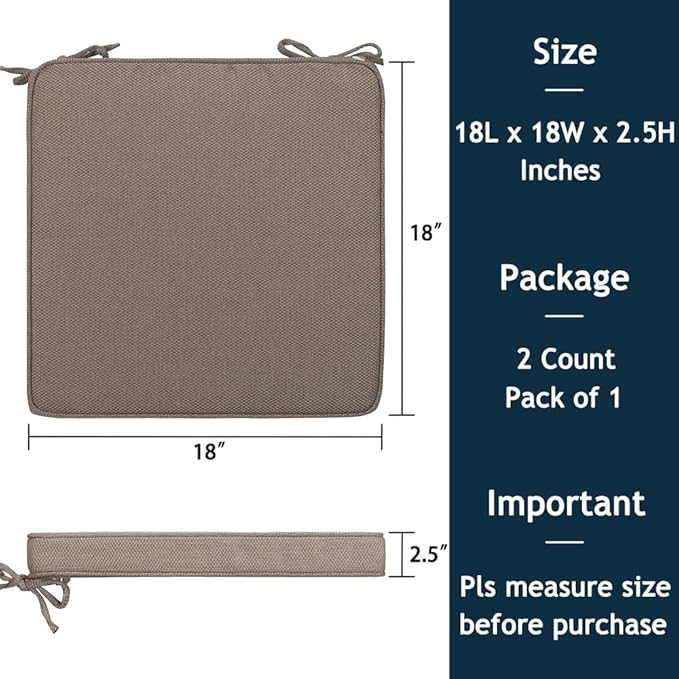 Magpie Fabrics Square Corner Seat Cushion, 18" x 18" x 2.5", 2 Pack, Indoor/Outdoor Waterproof Weather Resistant Universal Chair Pads for Patio Garden Dining - Brown