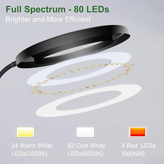 Wolezek Grow Lights for Indoor Plants Full Spectrum, 80 LEDs 3 Colors Grow Light, 65in Large Plant Lights for Indoor Growing with 360°Gooseneck, 6/12/16H Timer, 5 Brightness, Height Adjustable, Black