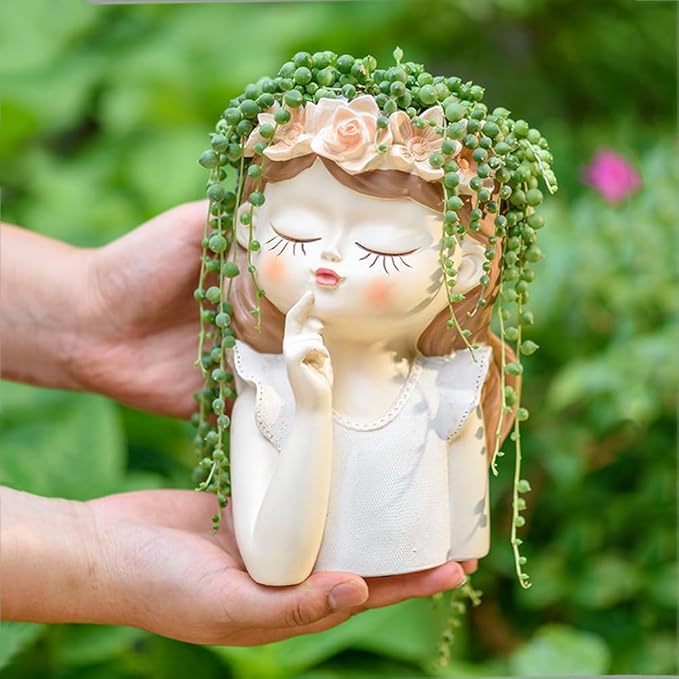 Fairy Girl Succulent pots, Uniqueface planters for Indoor and Outdoor Plants, Resin Head Flower Pots for Garden Planting Lover (Medium-Fantasy)