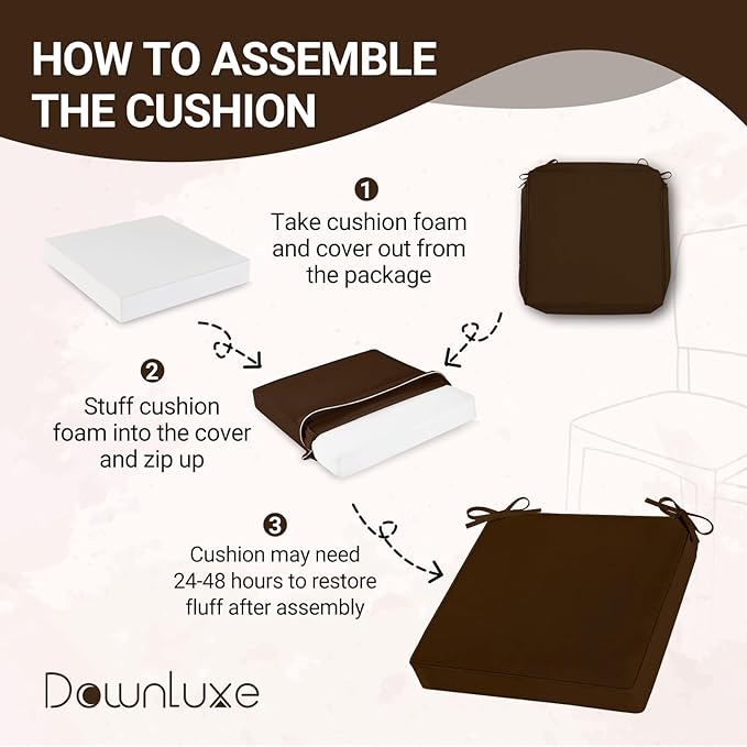 downluxe Waterproof Outdoor Chair Cushions Set of 2, 19" x 19" x 3" Patio Chair Cushion with Non-Slip Ties & Handle, Square Outdoor Cushion for Patio Furniture with Removable Cover, Brown