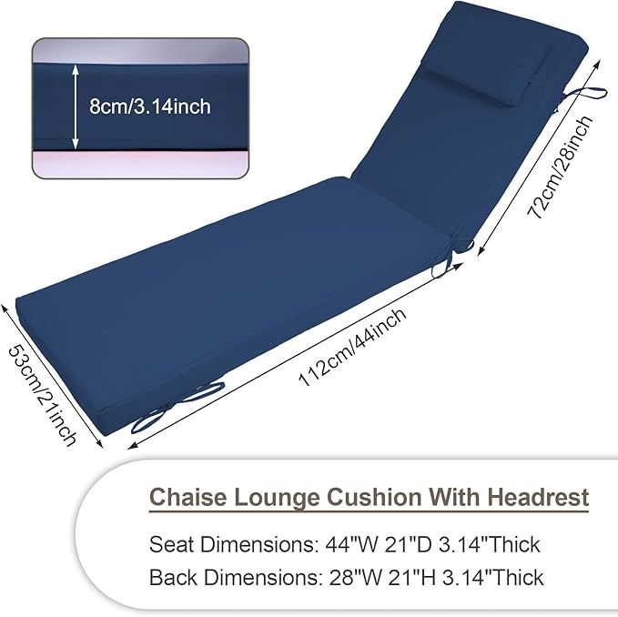 Chaise Lounge Cushions Outdoor Set of 2, 72x21x3 Lounge Chair Cushions for Outdoor Furniture, Patio Lounger Pads with Removable Cover for Pool, Deck, Lawn,Dark Blue