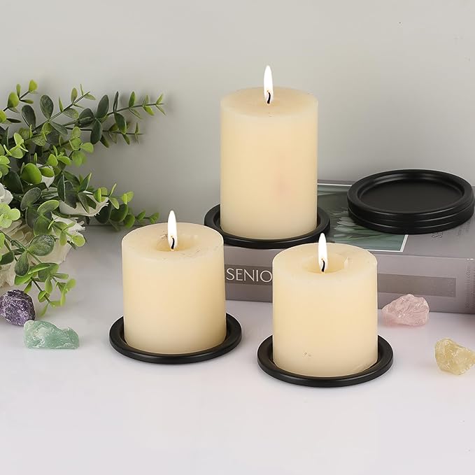 OwnMy 6PCS Iron Candle Holders for Pillar Candles, 3 Inch Metal Pillar Candle Plates and Trays, Small Round Tealight Holders Elegant Candle Stands Bases for Wedding Dining Table Centerpieces, Black
