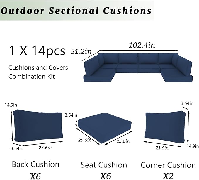 Outdoor Sectional Cushions Replacement Set, 26x26in Patio Furniture Cushions, 14 Pieces Waterproof Outdoor Couch Cushion for 6 Seat Wicker Conversation (Navy 15" Height)