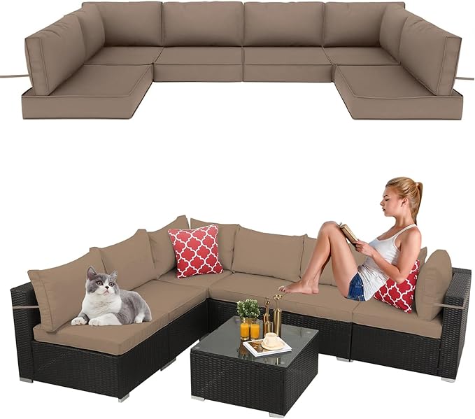 14 Pieces Outdoor Sectional Replacement Cushions for Patio Furniture, 4in Thick Outdoor Sofa Cushions for 6 Seat, Waterproof Deep Seat Couch Patio Cushion Set (Khaki)