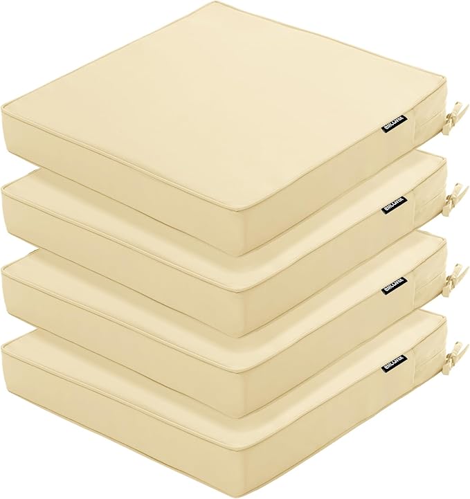 Outdoor Chair Cushions 16 x 17 Inch, Set of 4, Water Resistant Patio Chair Cushions with Tie 3 Year Color Fastness Thick Outdoor Seat Cushion for Garden Lawn Patio Furniture Beige