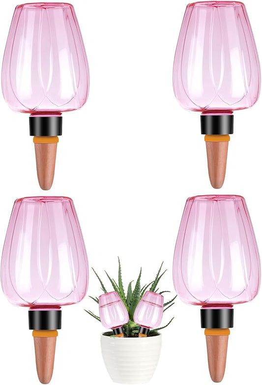 4 Pcs Plant Watering Globes Self Watering Planter Insert Plants Top Fill Water Device Plastic Water Bulbs Slow Release Terracotta for Plants, Pink