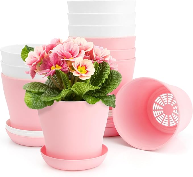 Cute 4 Inch Mini Flower Pots - Set of 10, White & Pink, Suitable for Indoor and Outdoor Plants, Made of Durable Plastic