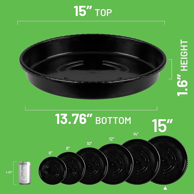 MUDEELA 6 Pack of 15 Inches Plant Saucers for Indoor, Durable Plastic Round Plant Tray Plant Dish Pant Plate to Catch Water for Flower and Plant Pot, Thicker, Stronger, Deeper, Black