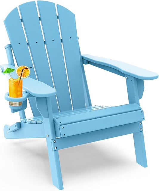 GREENVINES Folding-Adirondack-Chair | HDPE Plastic | Fire Pit Chairs | All Weather | Cup Holder | Arctic | for Deck Backyard Patio Outdoor Garden