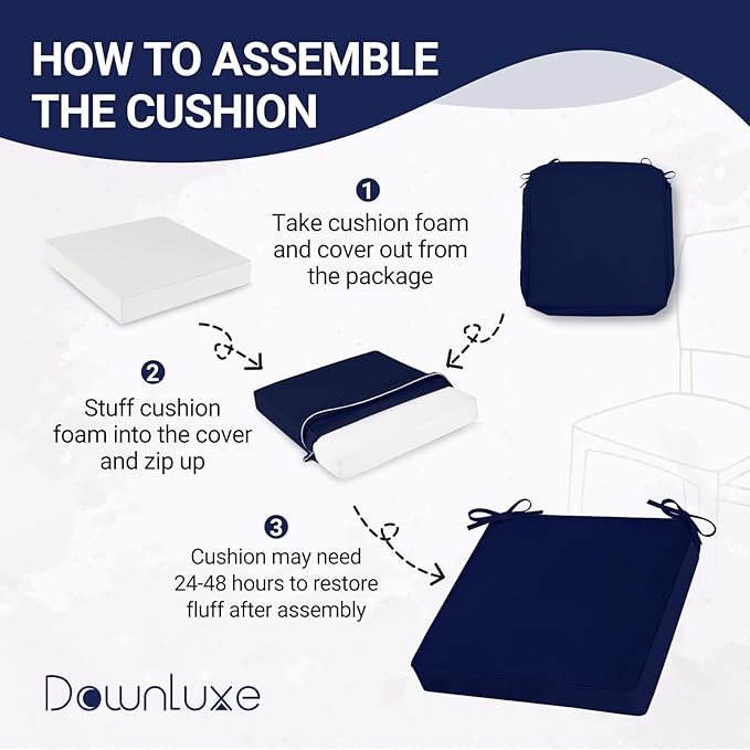 downluxe Waterproof Outdoor Chair Cushions Set of 2, 19" x 19" x 3" Patio Chair Cushion with Non-Slip Ties & Handle, Square Outdoor Cushion for Patio Furniture with Removable Cover, Navy