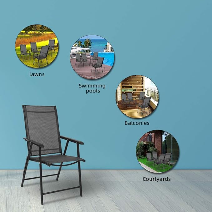 VINGLI Upgraded Version Single 1 Folding Chairs with Arms, Portable Patio Chairs for Outdoor & Indoor, Sling Back Chairs for Lawn, Pool, Courtyard, Balcony & Garden (Black)