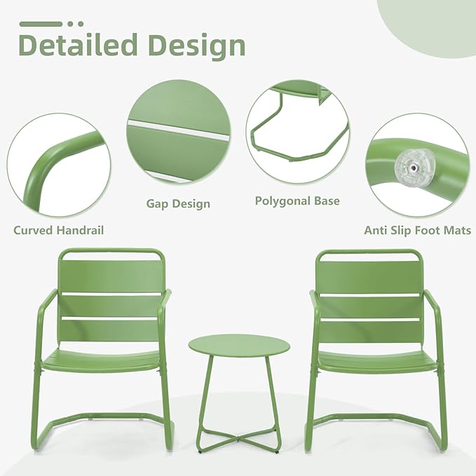 MELLCOM 3 Piece Patio Set, Small Patio Furniture Set - 2 C-Spring Metal Chairs with Round Side Table, Outdoor Bistro Set for Balcony, Front Porch, Poolside, Garden, Deck, Green