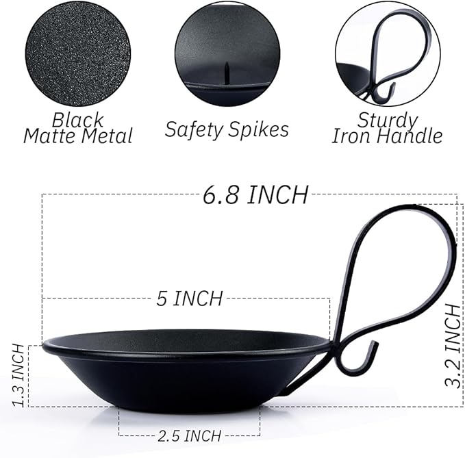 Matte Black Iron Pillar Candle Holder, with Handle, Simple Industrial Style ，Table Centerpiece Decoration，with Safety Spike.