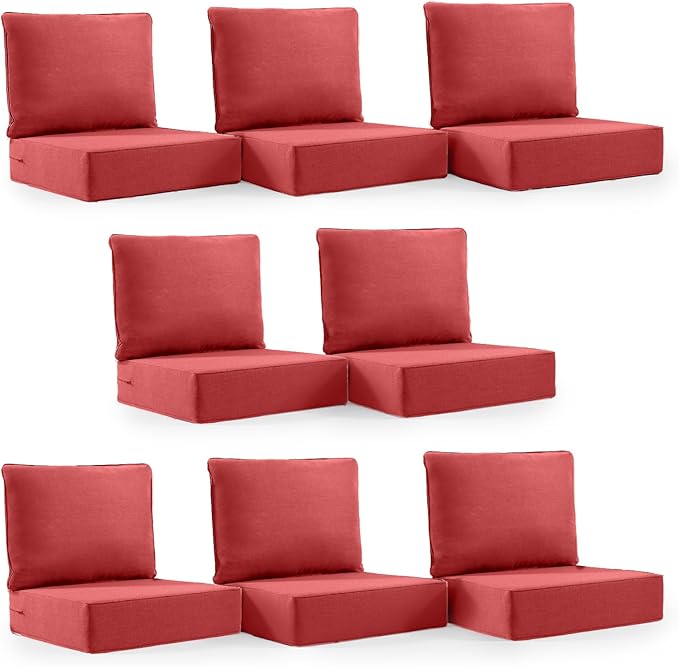 6" Thick Outdoor Cushion, 24 * 24 * 6" Patio Furniture Cushions with Waterproof Patio Furniture Cushions with Removable Cover, 28D High Density Patio Cushion for Outdoor Furniture,Red-8pcs