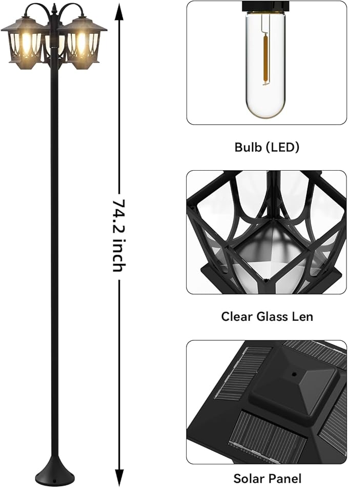 73" Aluminum Solar Lamp Post Light, 3-Head Pole Lights 90LM Waterproof - Auto Dusk to Warm White Dawn Floor Lamp for Outdoor Garden Pathway Replaceable Bulb