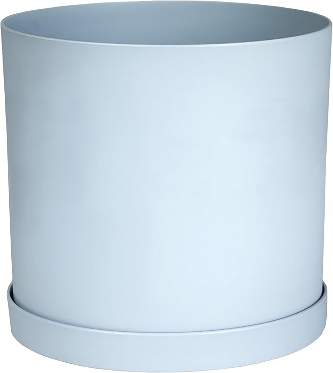 Bloem Mathers 12" Misty Blue Round Modern Resin Garden Planter Pot with Drainage Holes and Removable Saucer Tray Included