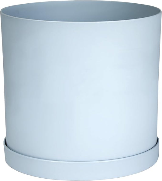 Bloem Mathers 12" Misty Blue Round Modern Resin Garden Planter Pot with Drainage Holes and Removable Saucer Tray Included