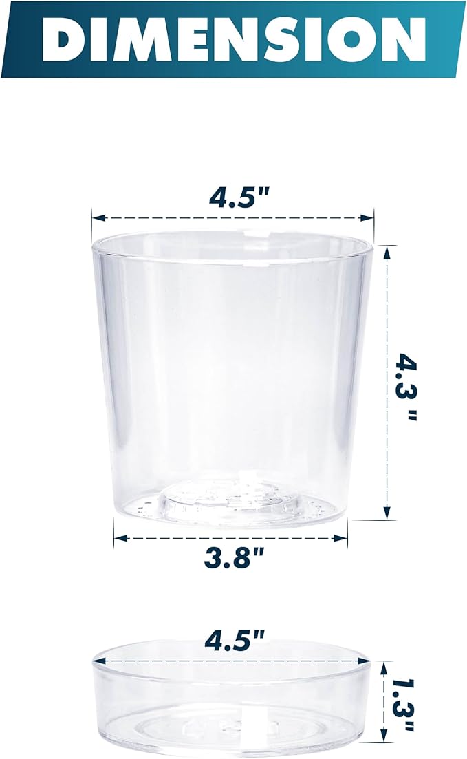 Phoenix Vine 4.5 Inch Clear Acrylic Planter Pot with Tray, Orchid Pot with Drainage Holes, Deep Saucer for Bottom Watering, Transparent Containers for Indoor Plants, Herbs, Set of 4, 91-A-E-4