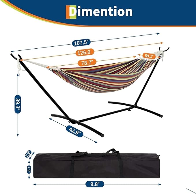 Double Hammock with Stand, 2 Person Portable Foldable Outdoor Hammock, 450lb Capacity Heavy-Duty Hammock for Garden, Patio, Backyard, Yellow Rainbow Stripes